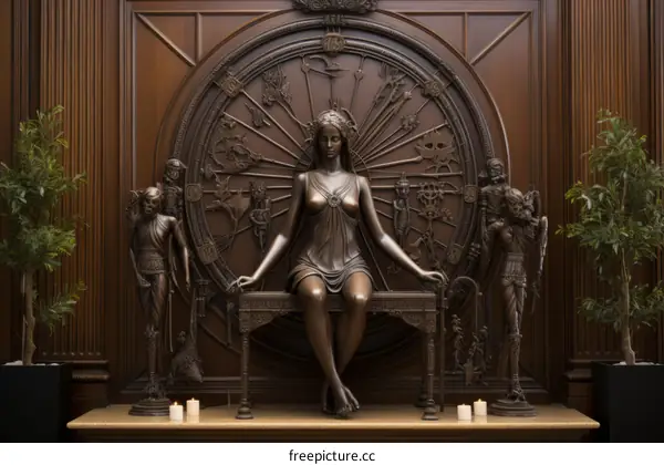 An illustration of a statue of a woman sitting on a throne