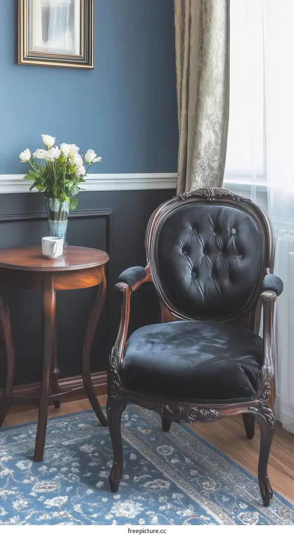 Antique Corner Room Interior with Velvet Chair