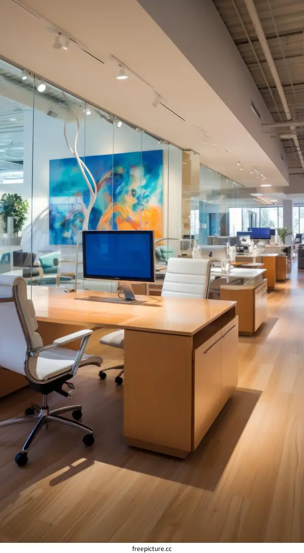 Modern office interior with large colorful painting on the wall