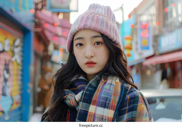 Portrait of Young Woman in Pink Knit Hat and Plaid Scarf in Asian City