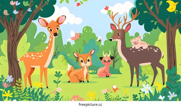 Cute Deer Family In The Forest Illustration