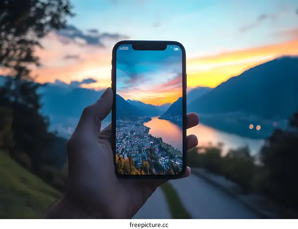 Hand Holding Smartphone Capturing Sunset Over City Landscape