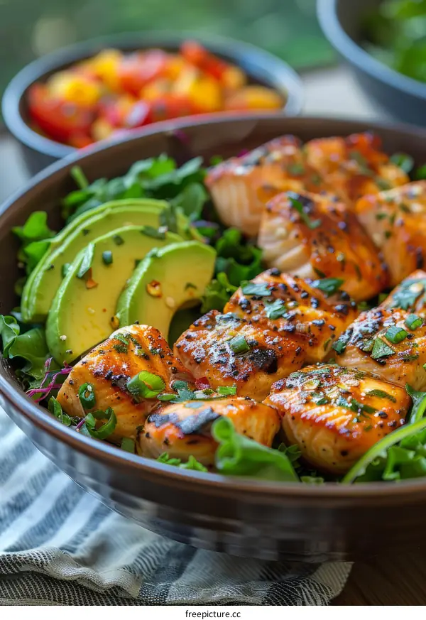 Grilled salmon with avocado and salad