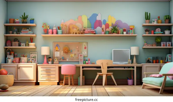 Functional Home Office with Desk, Computer, Shelves, and Comfy Chair