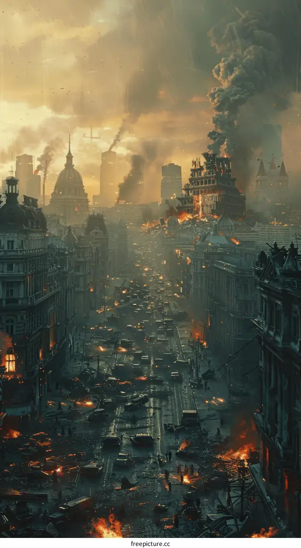 A post-apocalyptic city with people walking through the rubble