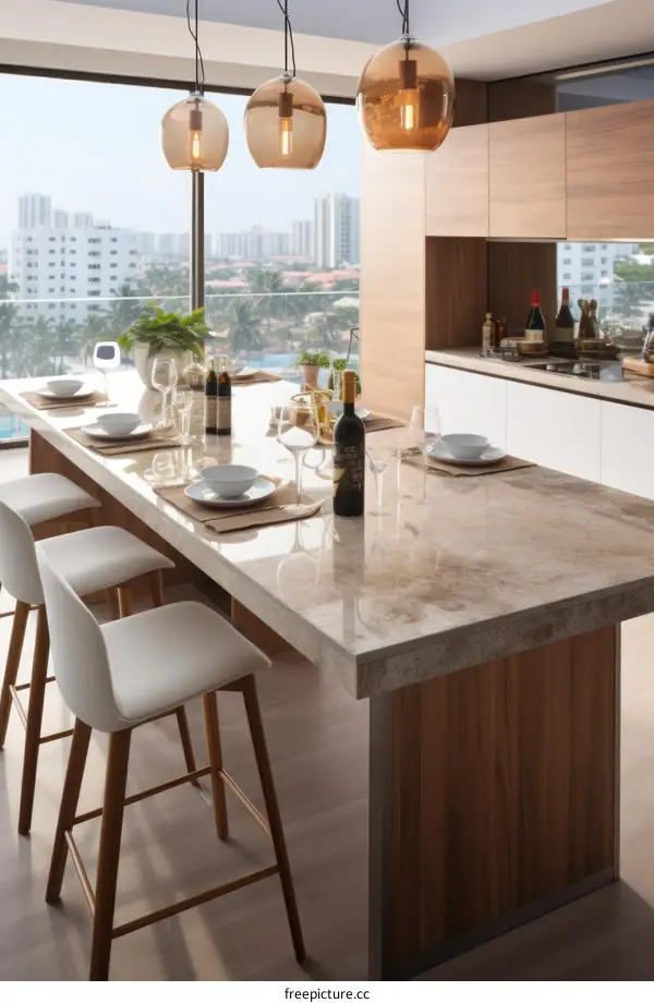Modern kitchen island with a marble top and white chairs