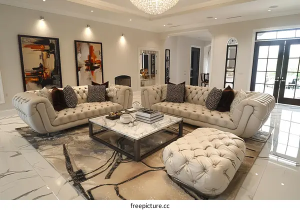 Elegant Modern Living Room with White Leather Sofa and Marble Table