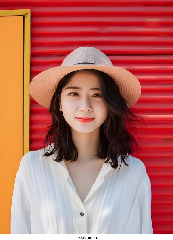 Portrait of a Young Asian Woman Wearing a Straw Hat
