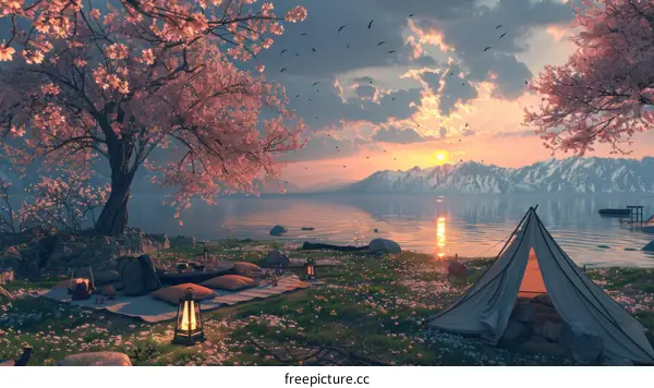 Lakeside camping under the cherry blossom trees