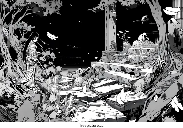 Japanese Woman in Black and White Illustration with Ancient Ruins