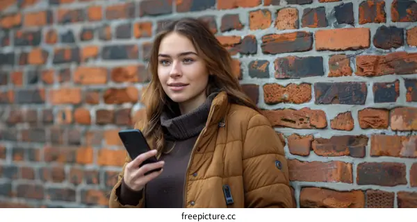 Young woman in brown jacket using smartphone against brick wall background
