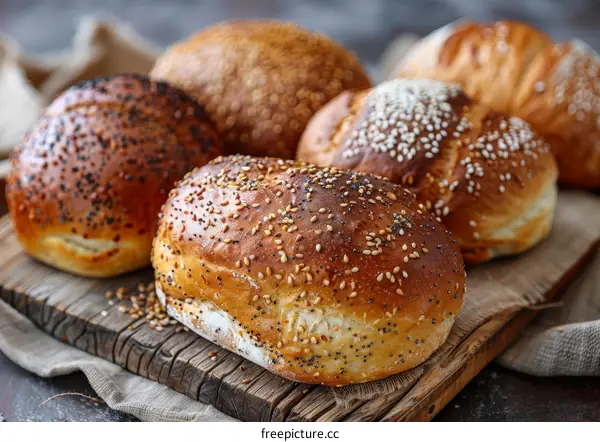 Various types of bread on a wooden table