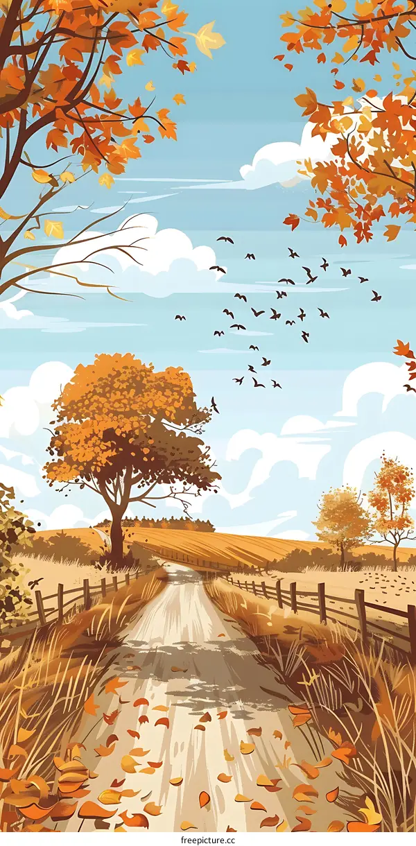 Autumn Road Landscape Illustration with Trees and Birds