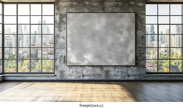 Empty Loft Interior Room with City View and Large Canvas