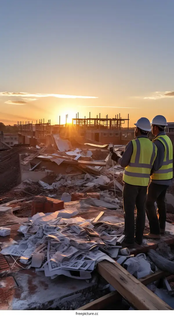 Two construction workers in hard hats and safety vests surveying a construction site