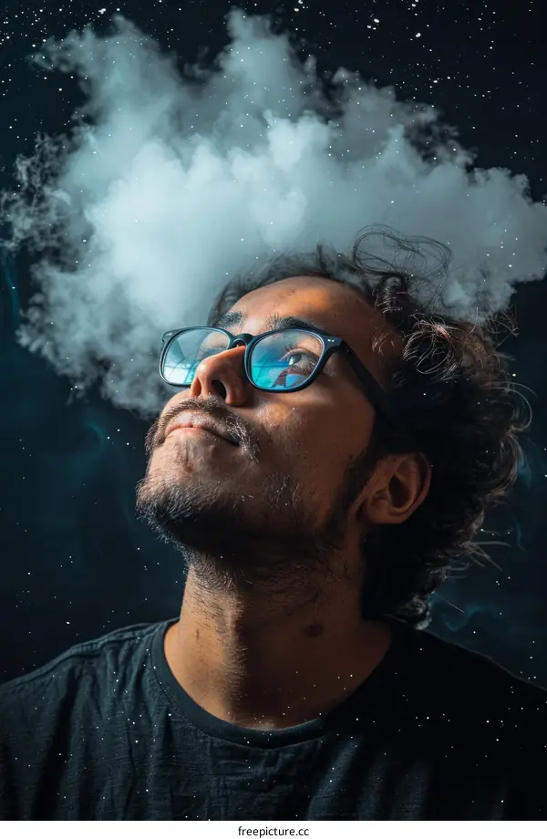 A man with glasses looking up at a cloud of smoke