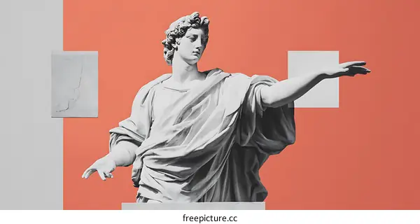 Collage Art With Statue and Orange Background
