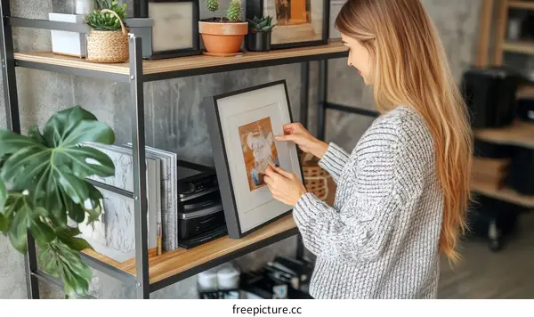 Woman Placing Picture Frame on Bookshelf