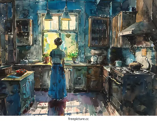 Woman in Kitchen Looking Out Window