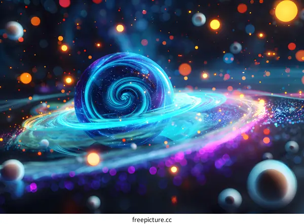 Blue and purple glowing planet with dust particles