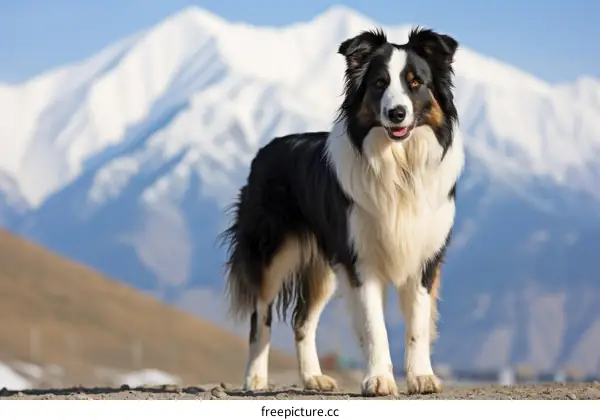 A Border Collie standing on a mountaintop