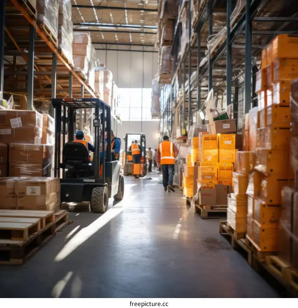 A large warehouse with workers in the background and a forklift in the foreground