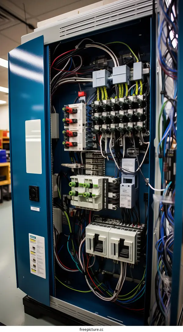 Industrial electrical control panel with circuit breakers and fuses