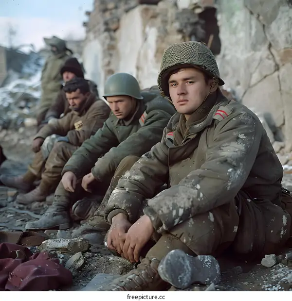 A group of soldiers in winter gear take a break during the Battle of Budapest