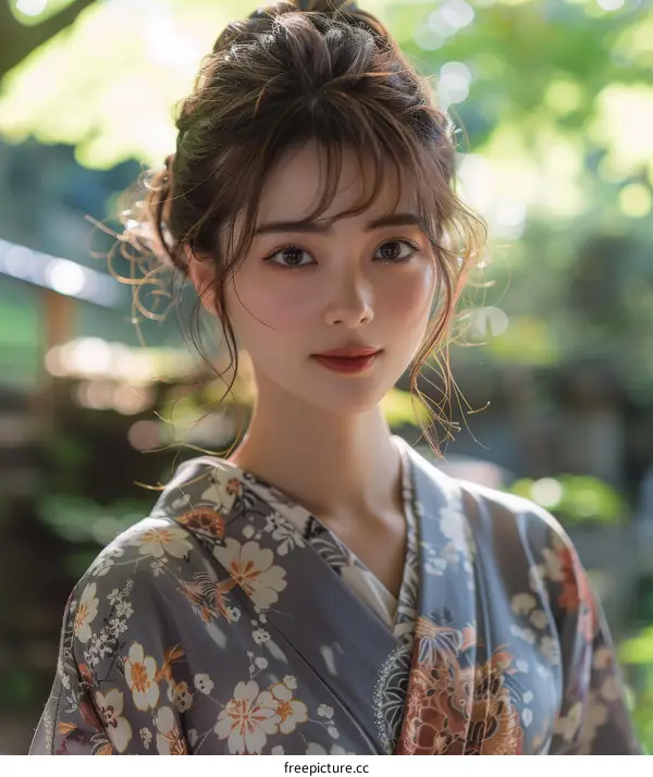 Japanese Woman in Kimono Posing in Garden