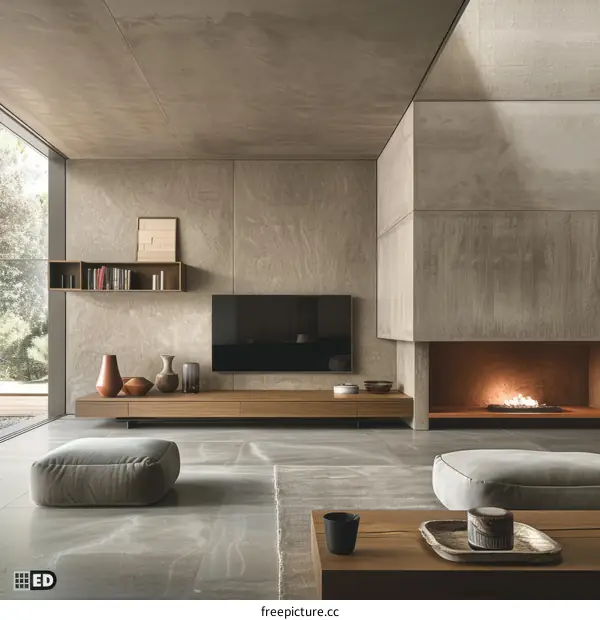 Modern living room interior design with fireplace and television