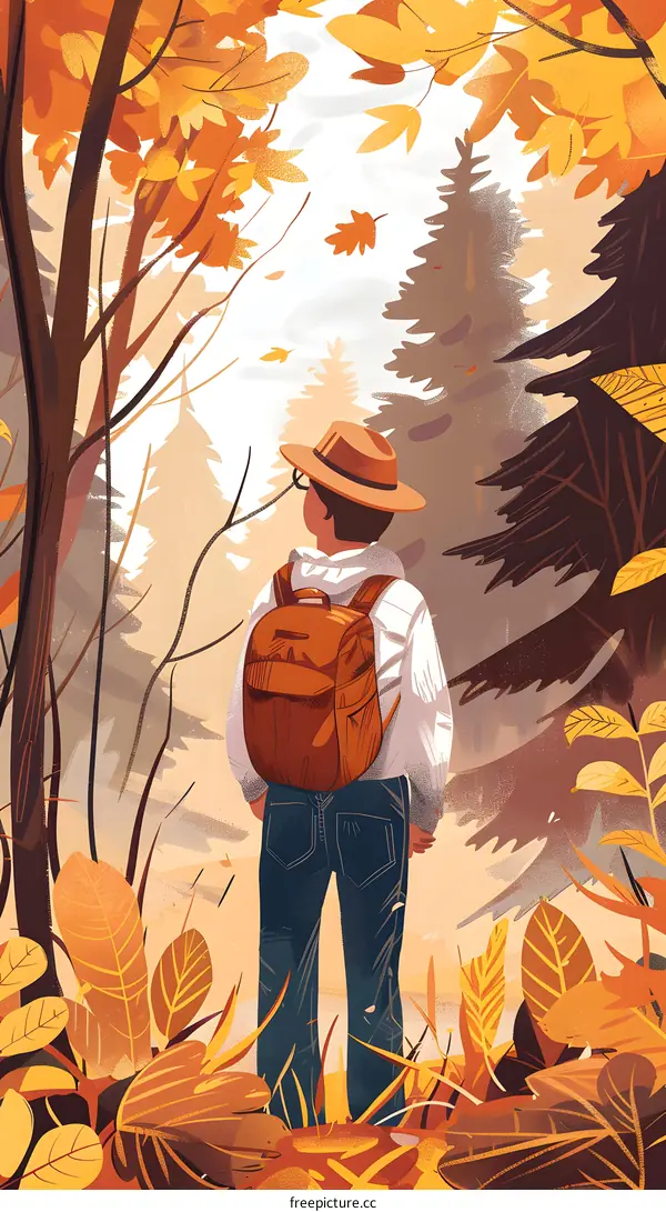 Man With Backpack Standing in Autumn Forest