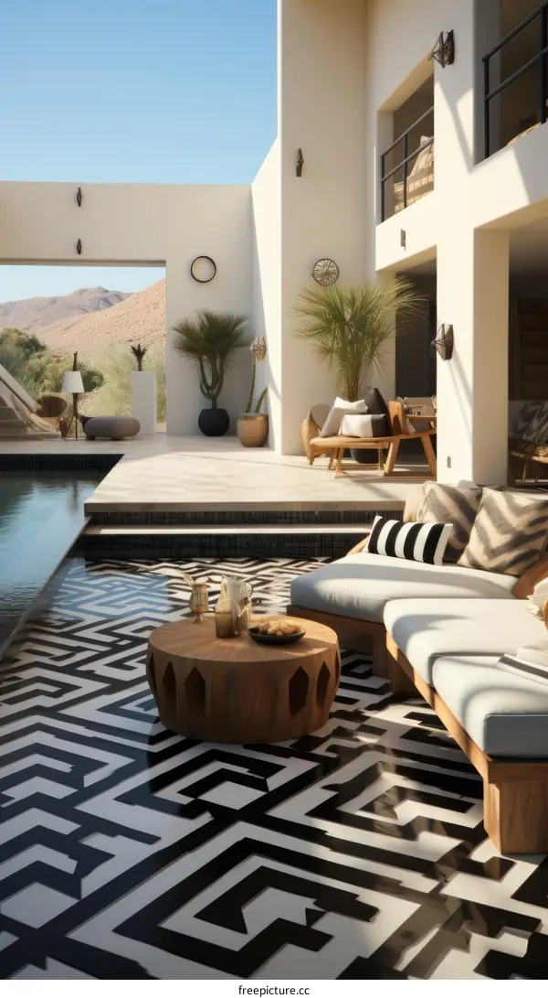 Modern luxury house with pool and geometric tile floor