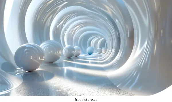White tunnel with spheres on a reflective floor