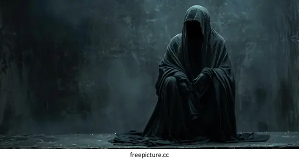 A mysterious shadow sits on a wooden box in a dark room