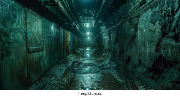 Eerie Green Lights Illuminate Dark Underground Tunnel