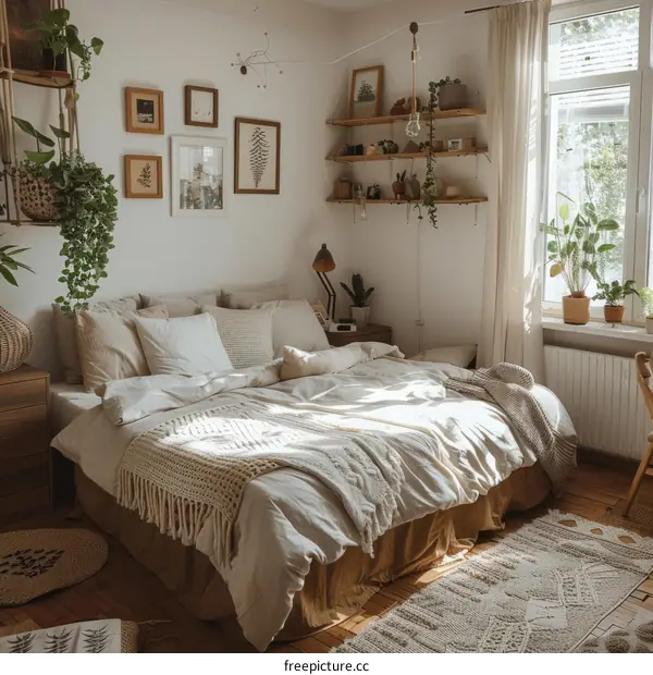 Cozy Bedroom with Bed, Rug and Plants