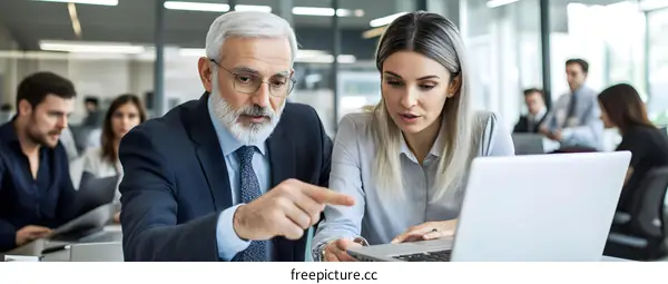 Two Business Colleagues Working Together On A Laptop In A Modern Office