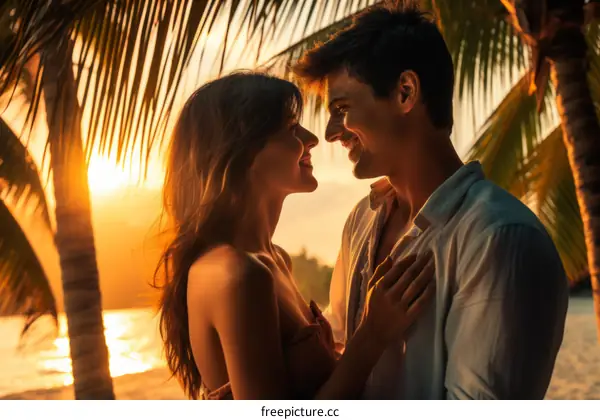 Young couple in love standing in front of palm trees at sunset