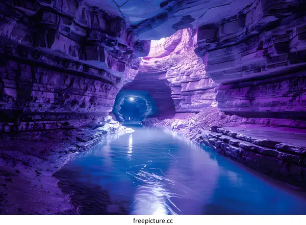 Underground river flowing through a colorful cave