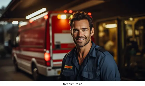 Portrait of a smiling male paramedic in front of an ambulance