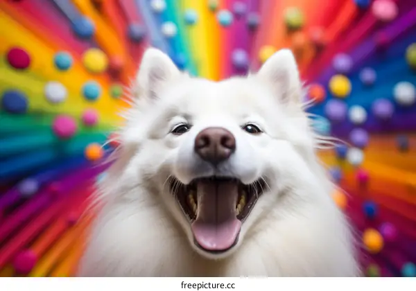 A happy white dog with rainbow background