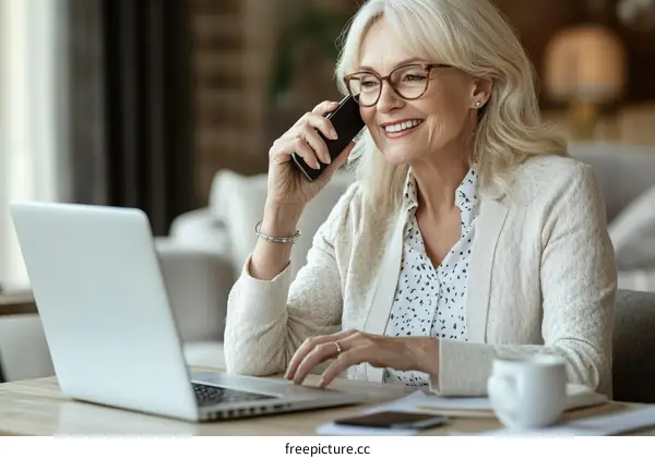 Senior Woman Talking on Phone at Laptop