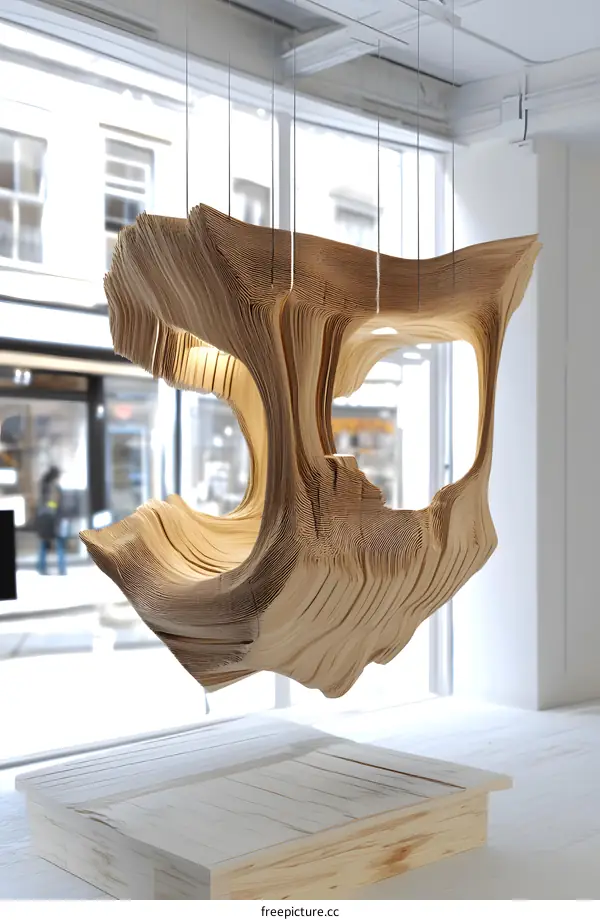 Modern Wooden Sculpture Hanging From The Ceiling
