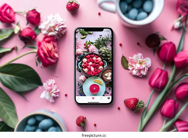 Flat Lay of Pink Flowers, Strawberries, and Smartphone with Food Image
