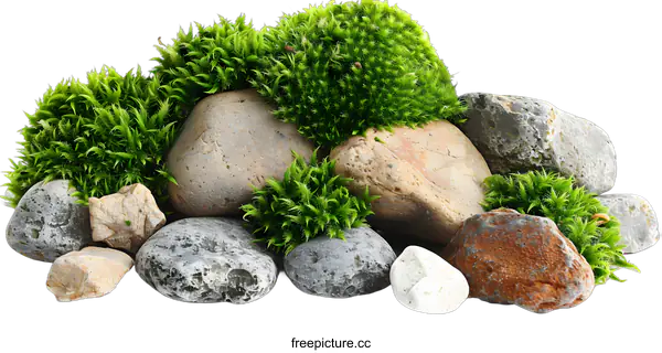 [Transparent Background PNG]Green Moss and Rocks on White Background