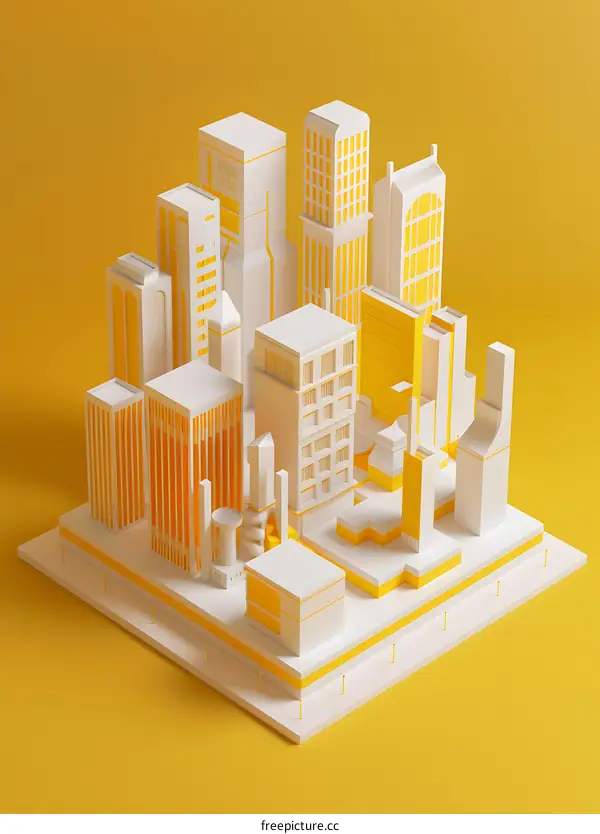 Minimalist 3D Cityscape with Yellow Background