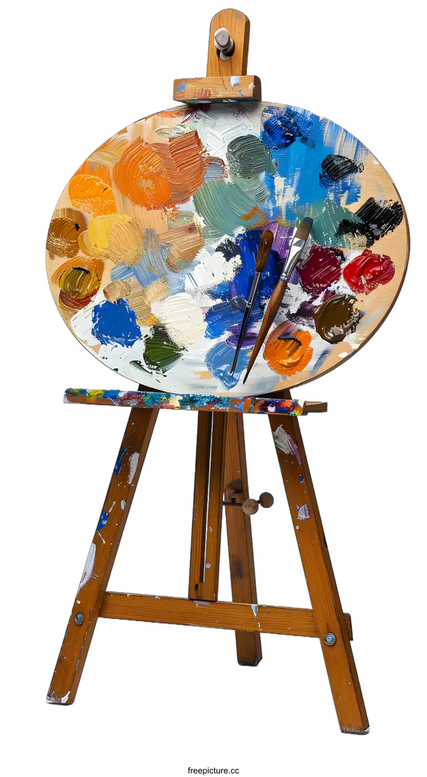 [Transparent Background PNG]Wooden Artist Palette on Easel with Paint Brushes