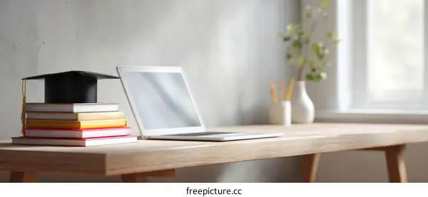 Simple Study Desk with Graduation Cap and Laptop