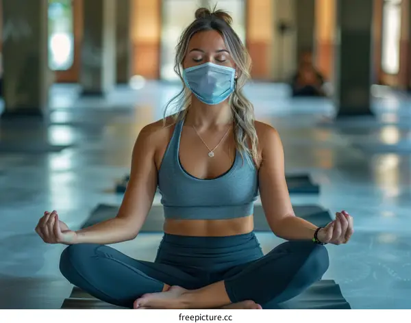 Young woman wearing a mask meditating in a yoga studio