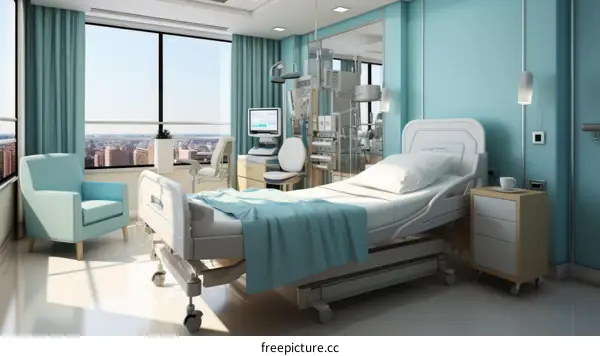 A modern hospital room with a bed, chair, and medical equipment